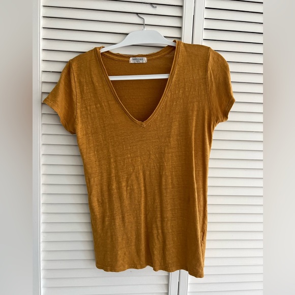 Lanthropy 100% Linen Tshirt Distressed Collar Mustard sz S - Picture 2 of 6
